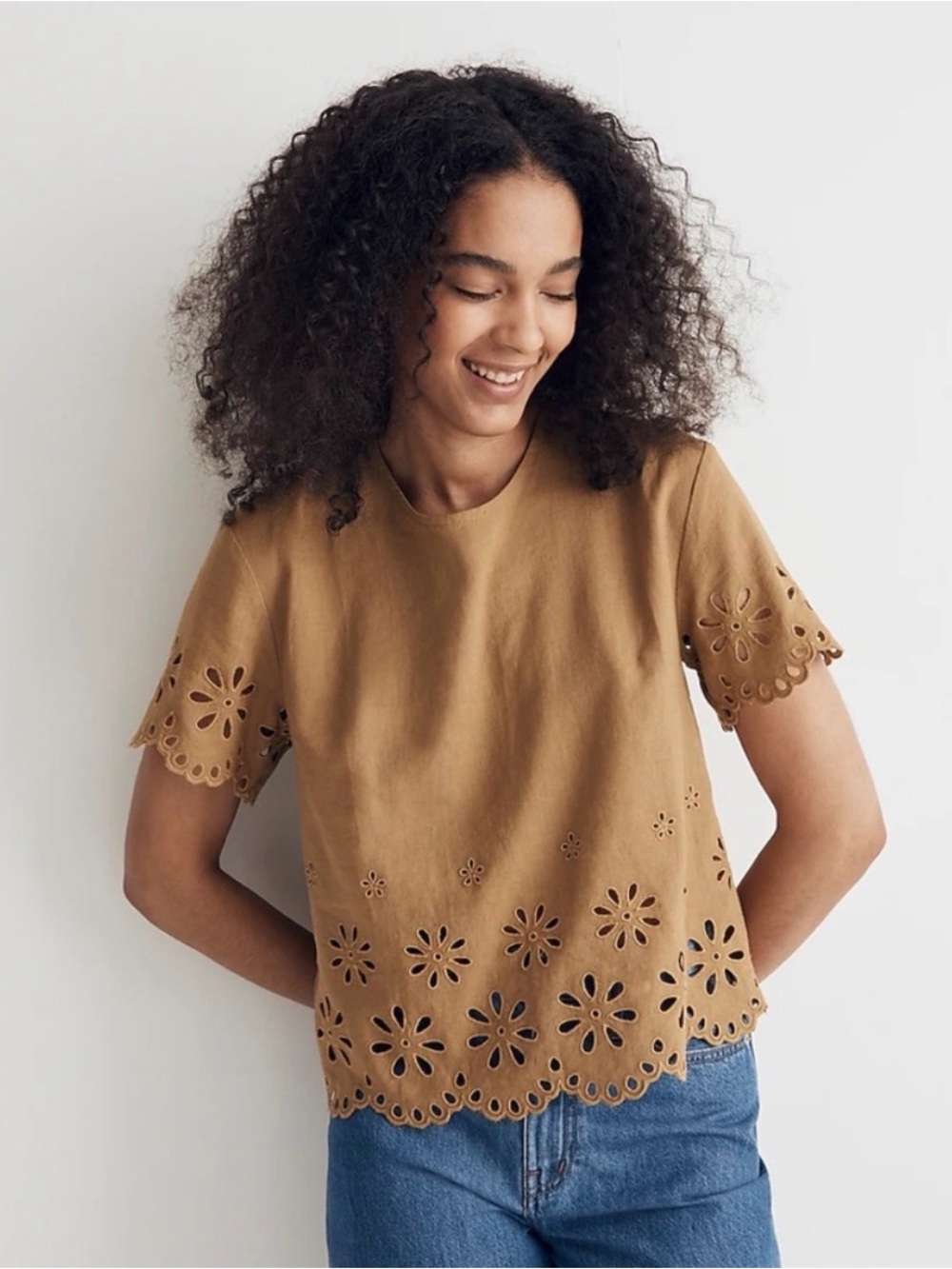 NEW Madewell‎ | Linen-Blend Floral Eyelet Olive Green Top, Large
